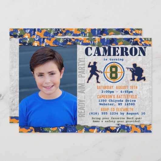 ダーツ写真 軍事 誕生日パーティー カモフラージュの兵隊 招待状 (正面/裏面)