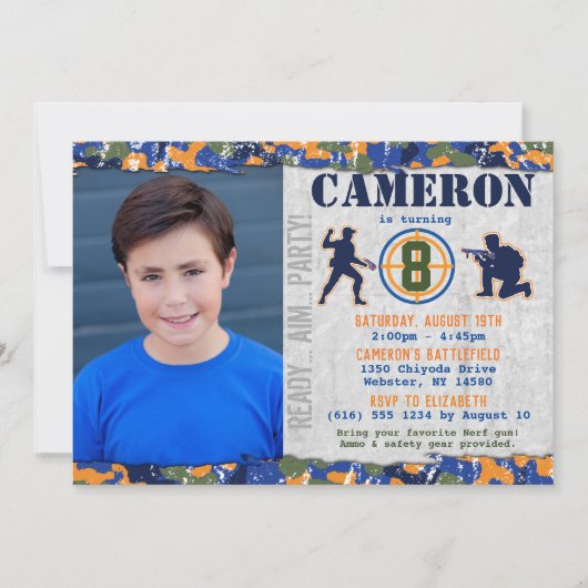 ダーツ写真 軍事 誕生日パーティー カモフラージュ ソルジャー 招待状 (正面)