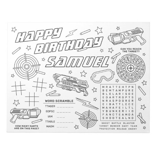 ダーツ戦争の誕生日パーティカラーと活動ページ ノートパッド (正面)