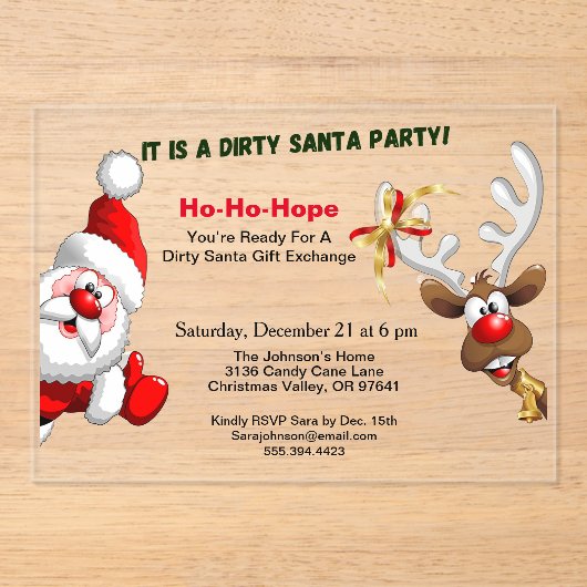 ダーティサンタギフト交換サンタ&ルドルフ鹿 アクリル招待状 (正面)