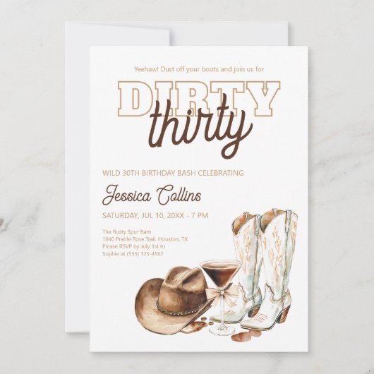 ダーティサーティウェスタン女性のカーボーイ30th誕生日パーティー 招待状 (正面)