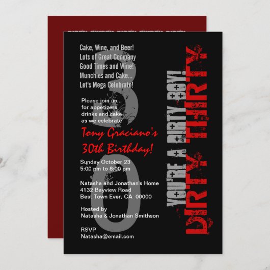 ダーティサーティー誕生日白黒レッドダーティボーイ 招待状 (正面/裏面)