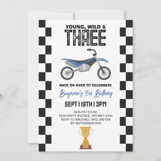 ダーティバイクの3歳の誕生日パーティー Young Wild And Three 招待状 (正面)