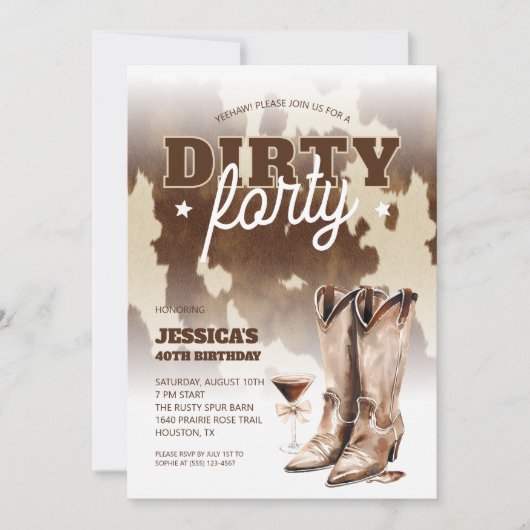 ダーティフォーティ女性のカーボーイウェスタン40歳の誕生日パーティー 招待状 (正面)