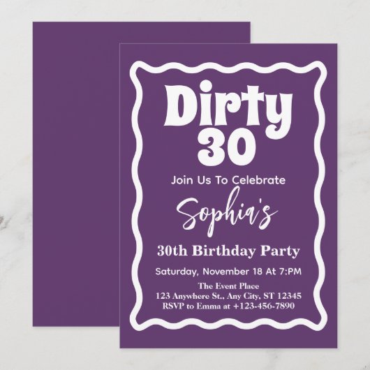 ダーティーな30の波線カーブのくねくね 30歳の誕生日パーティー 招待状 (正面/裏面)