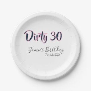 ダーティー30 誕生日 名前 日付 ピンク グレー カリグラフィー ペーパープレート