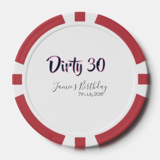 ダーティー30 誕生日 名前 日付 ピンク グレー カリグラフィー ポーカーチップ (正面)
