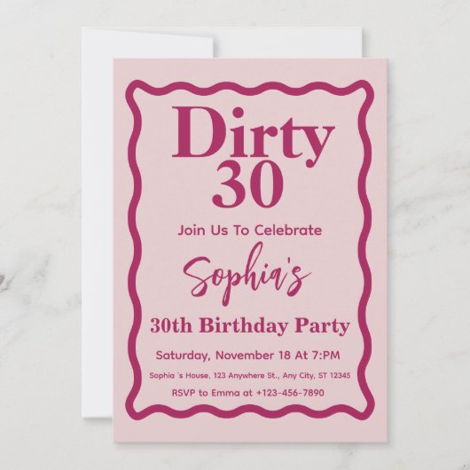 ダーティ30ピンクとマゼンタの波曲線30歳の誕生日 招待状 (正面)