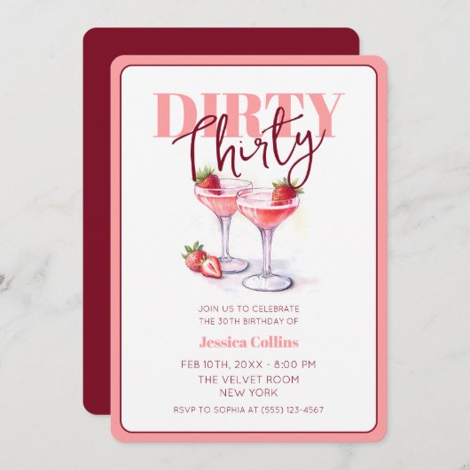 ダーティ30ピンクレッドカクテル30th誕生日パーティー 招待状 (正面/裏面)