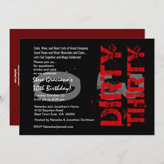 ダーティ30歳の誕生日パーティーブラックレッドメタリック 招待状 (正面/裏面)