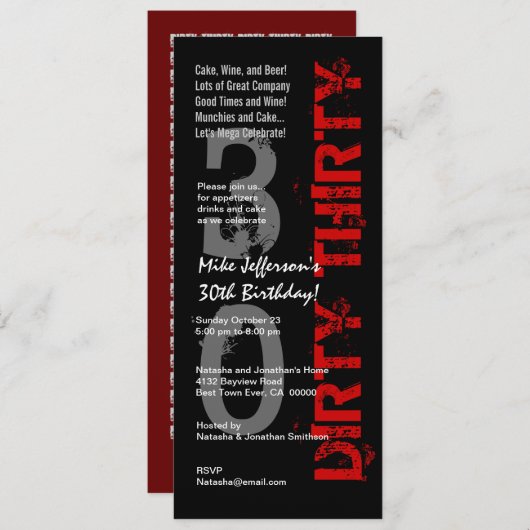 ダーティ30誕生日白黒レッドトール 招待状 (正面/裏面)