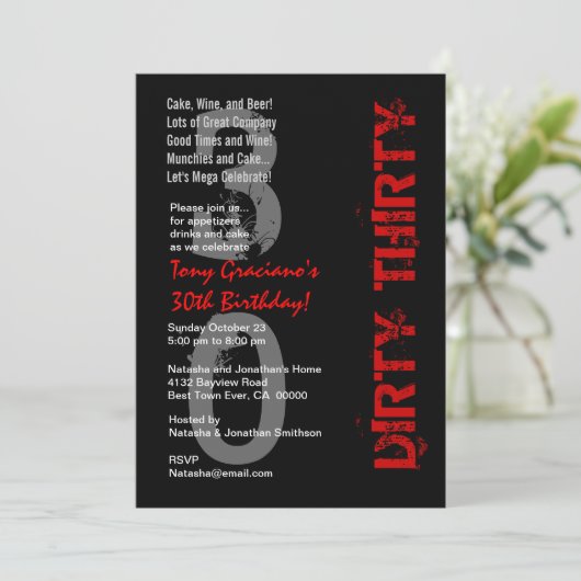 ダーティ30誕生日白黒赤テンプレート 招待状 (スタンド正面)