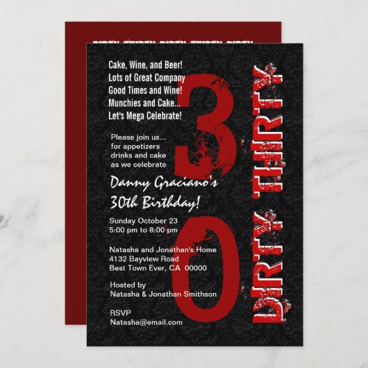 ダーティ30誕生日白黒赤テンプレートG20 招待状 (正面/裏面)