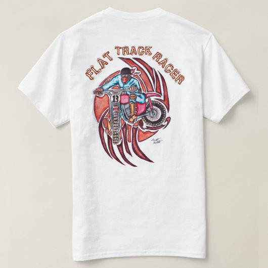 ダートトラックのオートバイのレーサーの白 Tシャツ (デザイン裏面)