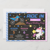 ダートバイクとユニコーンのジョイント誕生日招待状 招待状 (正面)