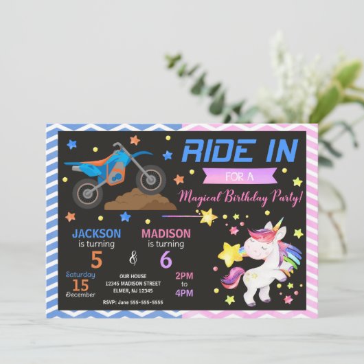 ダートバイクとユニコーンのジョイント誕生日招待状 招待状 (スタンド正面)