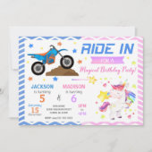 ダートバイクとユニコーンのジョイント誕生日招待状 招待状 (正面)