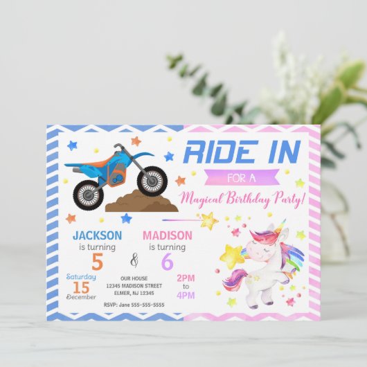 ダートバイクとユニコーンのジョイント誕生日招待状 招待状 (スタンド正面)