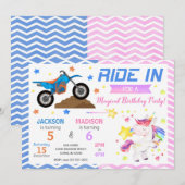 ダートバイクとユニコーンのジョイント誕生日招待状 招待状 (正面/裏面)