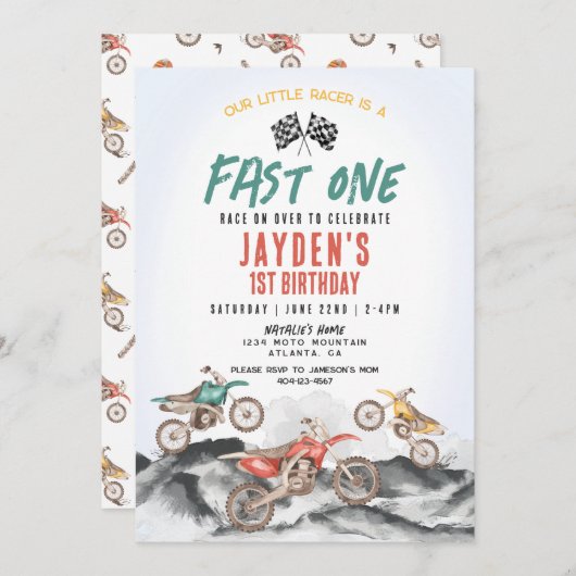 ダートバイクの最初の誕生日パーティーへの招待Boy 招待状 (正面/裏面)
