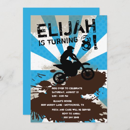 ダートバイクの誕生日パーティー招待状 (正面/裏面)