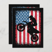 ダートバイクアメリカンフラッグモトクロスバイクもしくは自転車に乗る人メンボーイズV エンクロージャーカード (正面/裏面)