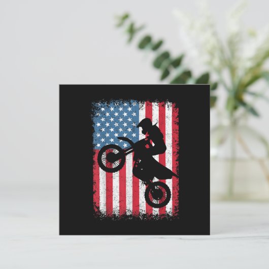 ダートバイクアメリカンフラッグモトクロスバイクもしくは自転車に乗る人メンボーイズV サンキューカード (スタンド正面)