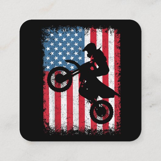 ダートバイクアメリカンフラッグモトクロスバイクもしくは自転車に乗る人メンボーイズV スクエア名刺 (裏面)