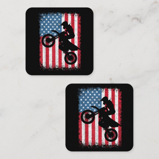 ダートバイクアメリカンフラッグモトクロスバイクもしくは自転車に乗る人メンボーイズV スクエア名刺 (正面/裏面)