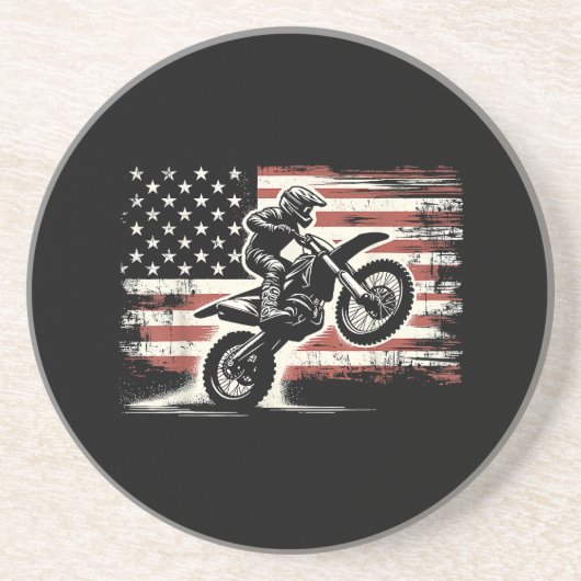 ダートバイクアメリカンフラッグモトクロスバイクもしくは自転車に乗る人ヴィンテージUS コースター (正面)