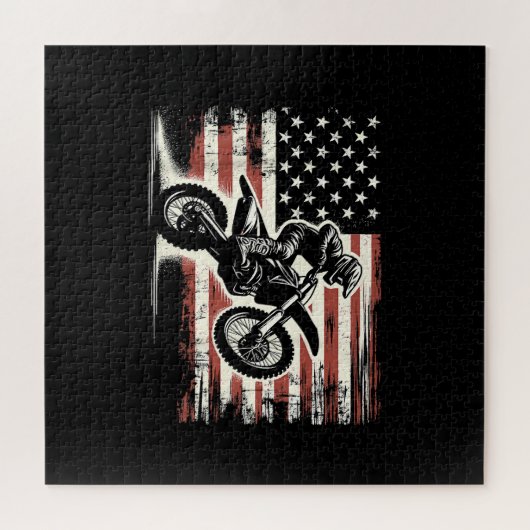 ダートバイクアメリカンフラッグモトクロスバイクもしくは自転車に乗る人ヴィンテージUS ジグソーパズル (横)