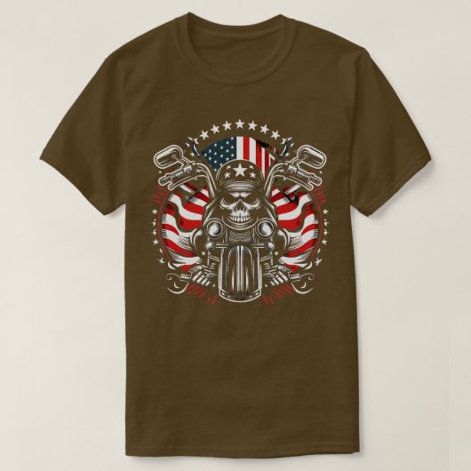 ダートバイクアメリカ国旗モトクロスバイクもしくは自転車に乗る人7月4日 Tシャツ (デザイン正面)