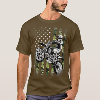 ダートバイクアメリカ迷彩柄旗モトクロスダートバイクビBi Tシャツ