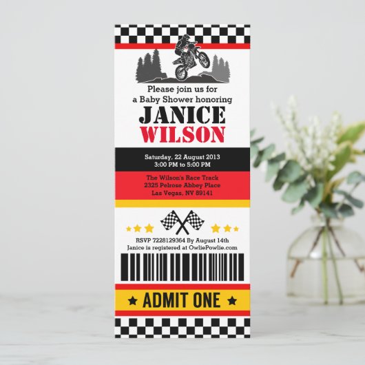 ダートバイクチケットパスベビーシャワーパーティの招待状 招待状 (スタンド正面)