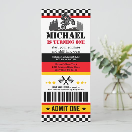 ダートバイクチケットパス誕生日パーティーの招待状 招待状 (スタンド正面)