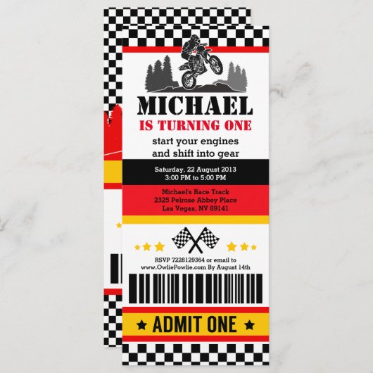 ダートバイクチケットパス誕生日パーティーの招待状 招待状 (正面/裏面)