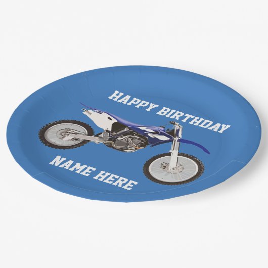 ダートバイクブルー誕生日スポーツ紙プレート ペーパープレート (アングル)