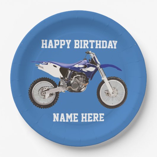 ダートバイクブルー誕生日スポーツ紙プレート ペーパープレート (正面)