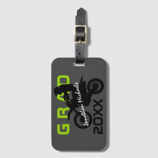 ダートバイクモトクロスグリーンブラックグレー卒業 ラゲッジタグ (正面縦)