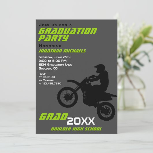 ダートバイクモトクロスグリーン白黒卒業 招待状 (スタンド正面)