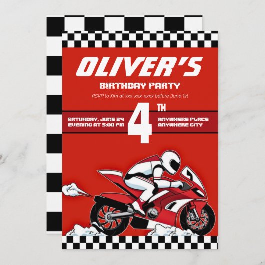 ダートバイクモトクロスレーシングボーイ誕生日 招待状 (正面/裏面)