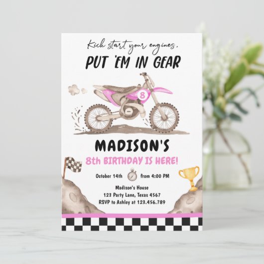 ダートバイクモータークロスレーシングサイクリングガール誕生日 招待状 (スタンド正面)