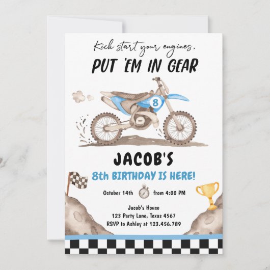 ダートバイクモータークロスレーシングサイクリングボーイ誕生日 招待状 (正面)