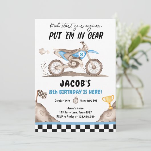 ダートバイクモータークロスレーシングサイクリングボーイ誕生日 招待状 (スタンド正面)