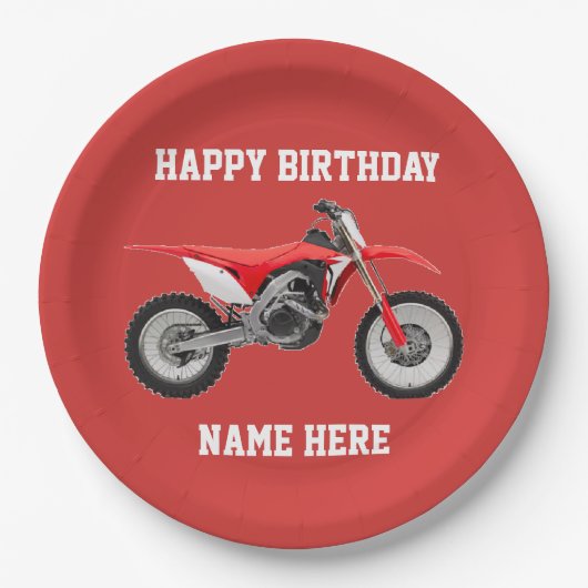 ダートバイクレッド誕生日スポーツ紙プレート ペーパープレート (正面)