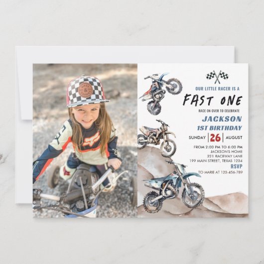 ダートバイクレースボーイファースト誕生日写真招待状 招待状 (正面)