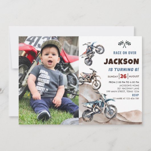ダートバイクレースボーイ誕生日パーティフォト招待状 招待状 (正面)
