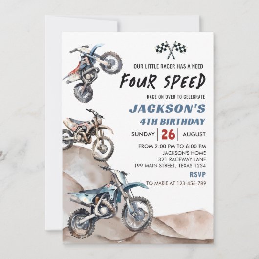 ダートバイクレースボーイ4thバースデーパーティの招待状 招待状 (正面)