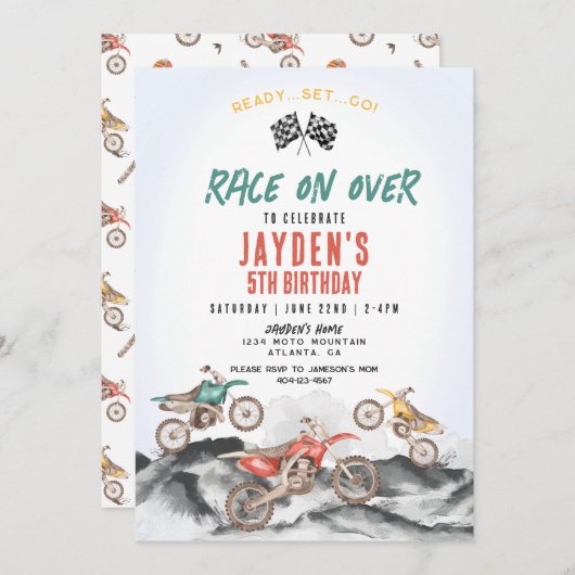 ダートバイクレース誕生日パーティーの招待Boy 招待状 (正面/裏面)