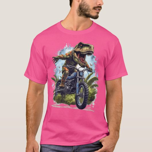 ダートバイク上の恐竜Tレックスおもしろい恐竜Motorbi Tシャツ (正面)